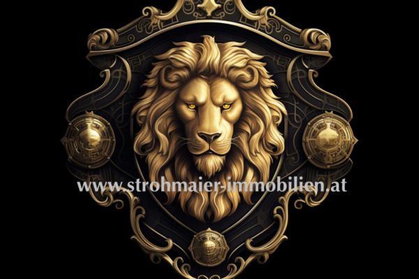 a lion's head is shown in a decorative shield with gold accents on a black background. generative ai